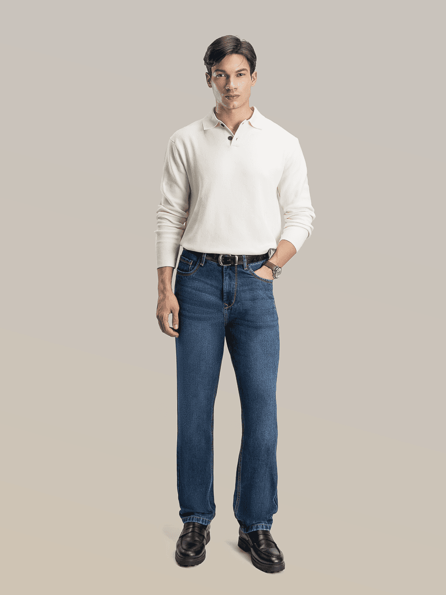 Front view of Indigo Archive deep indigo regular fit jeans